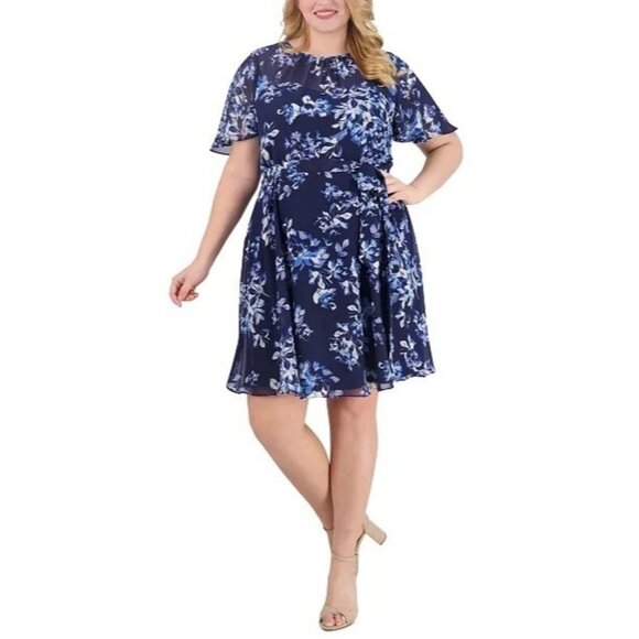 119$ Jessica Howard Floral Flutter-Sleeve Chiffon Dress Plus Size 22W Navy Blue - Picture 1 of 4